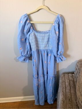 Light Blue Puff Sleeve Maxi Dress with Pink Floral Embroidery